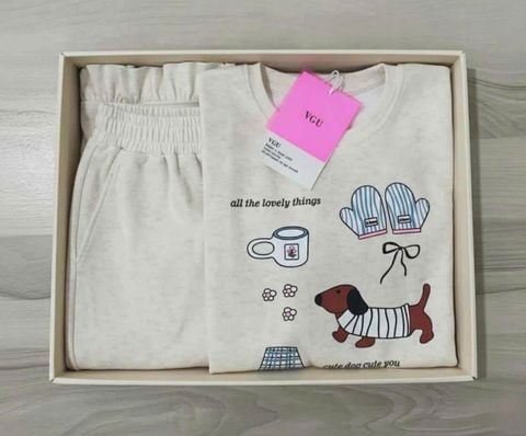 VGU1673 SET ÁO TAY DÀI IN HÌNH - QUẦN DÀI PHỐI BÈO (KEM)