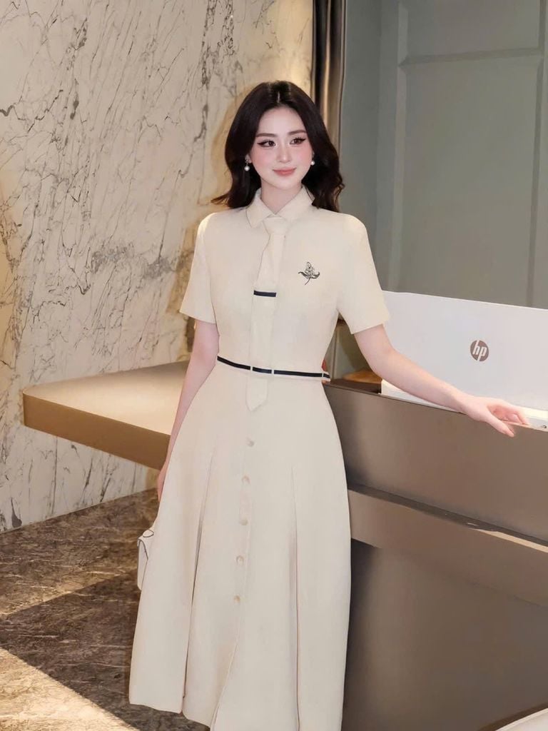 VGU1668 - ĐẦM DÀI XẾP LY PHỐI CÀ VẠT - KÈM NỊT