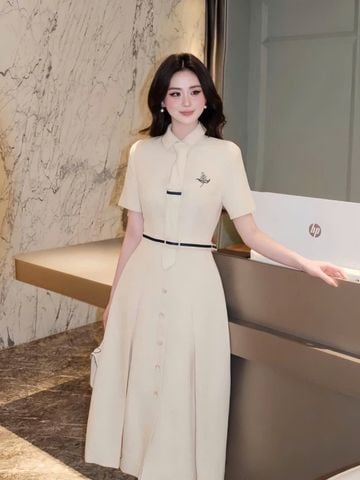 VGU1668 - ĐẦM DÀI XẾP LY PHỐI CÀ VẠT - KÈM NỊT