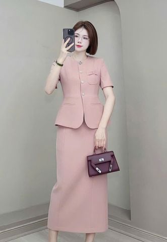 TB9441 SET CÔNG SỞ ÁO NÚT NGỌC - CHÂN VÁY A DÀI (HỒNG)