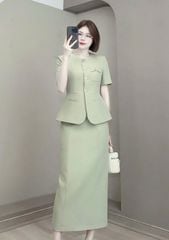 TB9443 SET CÔNG SỞ ÁO NÚT NGỌC - CHÂN VÁY A DÀI (XANH)