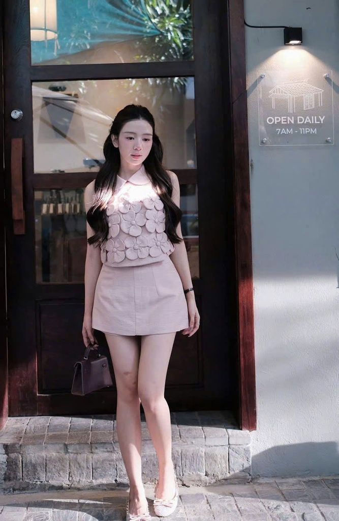 TB9389 SET ÁO CỔ SEN KẾT HOA NỔI - CV NGẮN (HỒNG CAM)