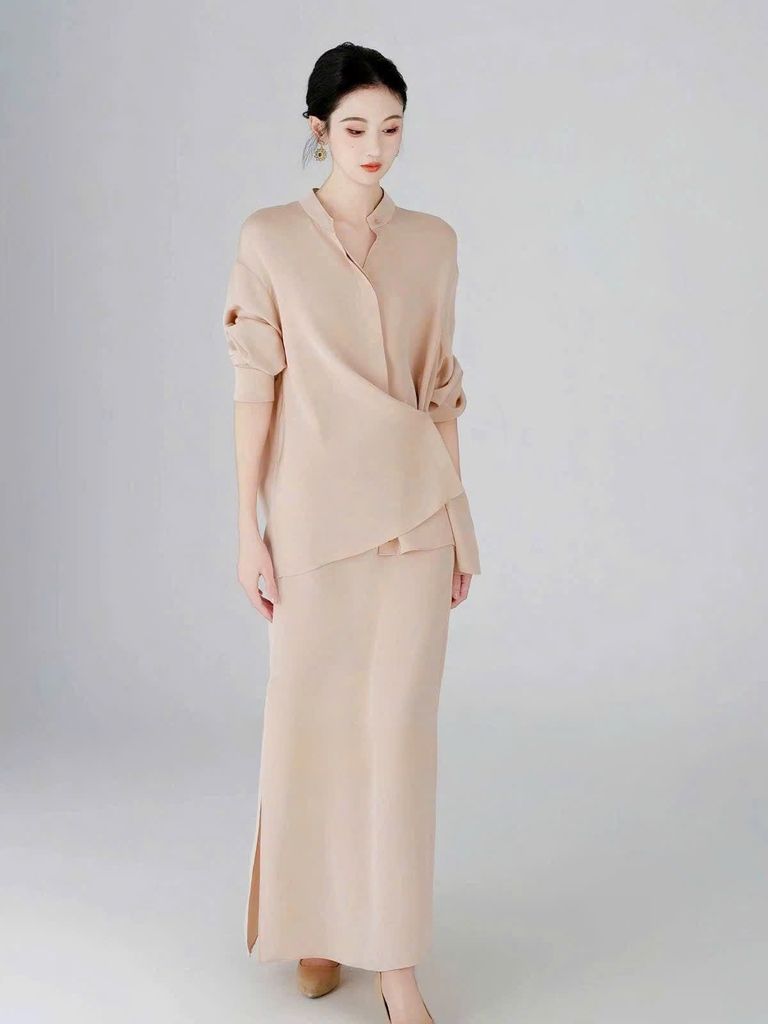 VGU1693 SET SƠMI LỤA TK VẠT CHÉO - CV DÀI