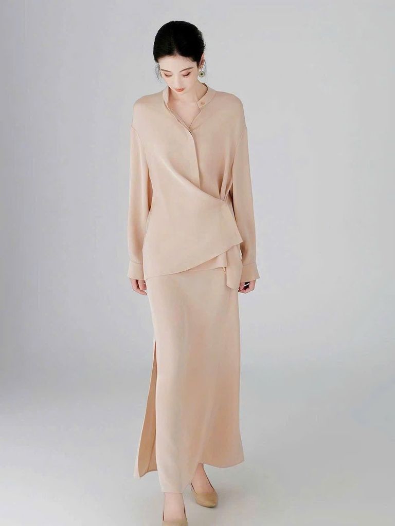 VGU1693 SET SƠMI LỤA TK VẠT CHÉO - CV DÀI