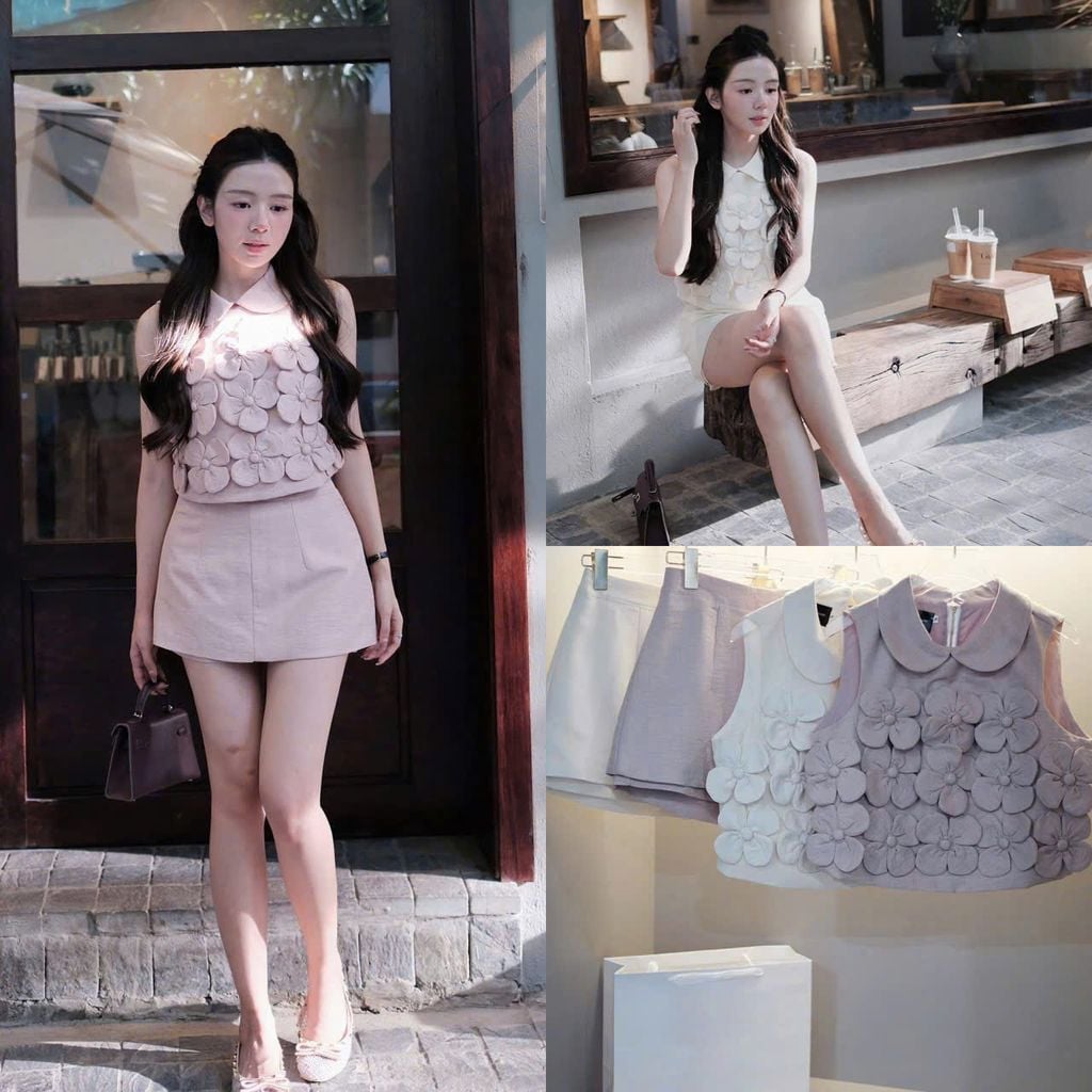 TB9390 SET ÁO CỔ SEN KẾT HOA NỔI - CV NGẮN (KEM)