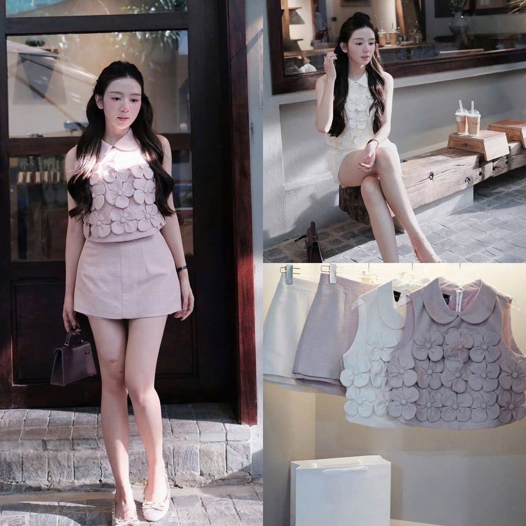 TB9389 SET ÁO CỔ SEN KẾT HOA NỔI - CV NGẮN (HỒNG CAM)