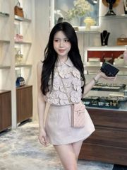 TB9389 SET ÁO CỔ SEN KẾT HOA NỔI - CV NGẮN (HỒNG CAM)