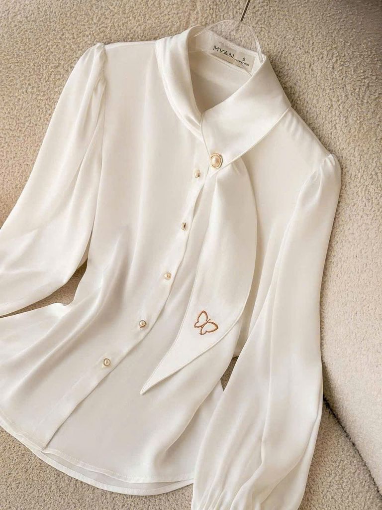 VGU1708 - ÁO SƠ MI KIỂU TAY DÀI THÊU BƯỚM ( ÁO LẺ)- MÀU TRẮNG