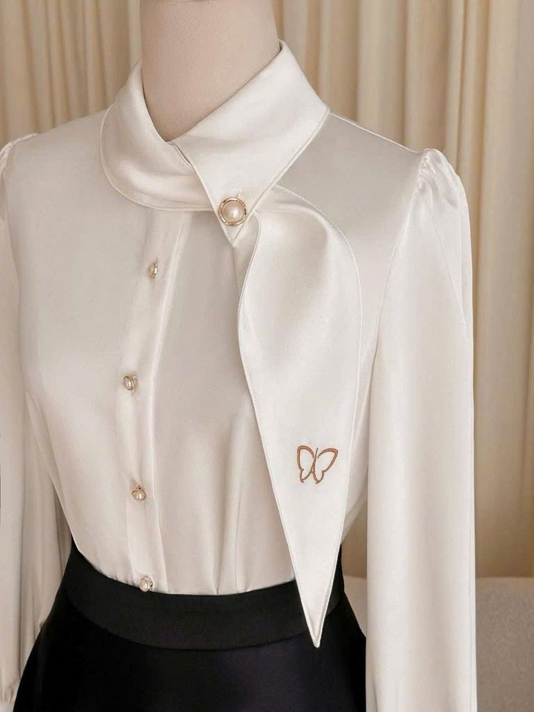 VGU1708 - ÁO SƠ MI KIỂU TAY DÀI THÊU BƯỚM ( ÁO LẺ)- MÀU TRẮNG