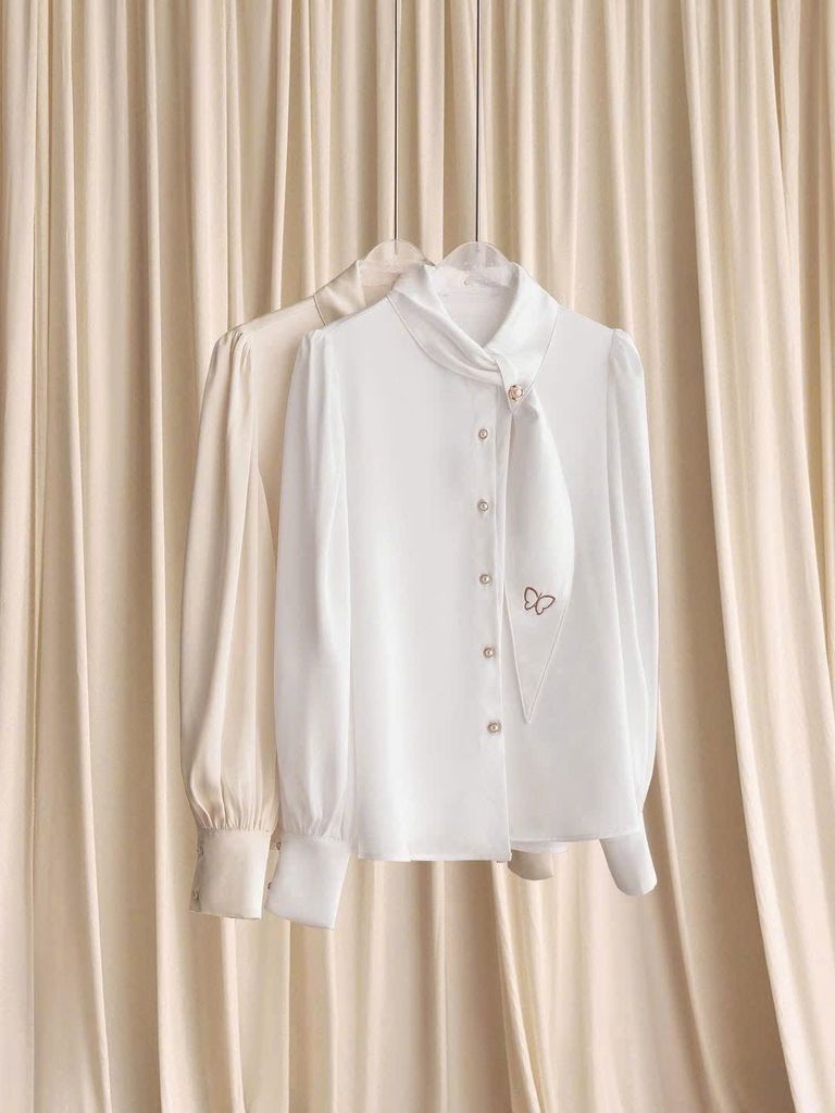 VGU1708 - ÁO SƠ MI KIỂU TAY DÀI THÊU BƯỚM ( ÁO LẺ)- MÀU TRẮNG