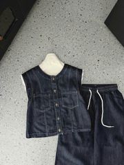 TB9097 - SET JEAN DENIM ÁO SÁT NÁCH + QUẦN DÀI VIỀN REN - MÀU JEAN ĐẬM