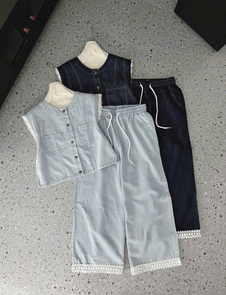 TB9097 - SET JEAN DENIM ÁO SÁT NÁCH + QUẦN DÀI VIỀN REN - MÀU JEAN ĐẬM