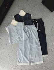 TB9097 - SET JEAN DENIM ÁO SÁT NÁCH + QUẦN DÀI VIỀN REN - MÀU JEAN ĐẬM