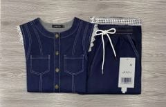 TB9097 - SET JEAN DENIM ÁO SÁT NÁCH + QUẦN DÀI VIỀN REN - MÀU JEAN ĐẬM