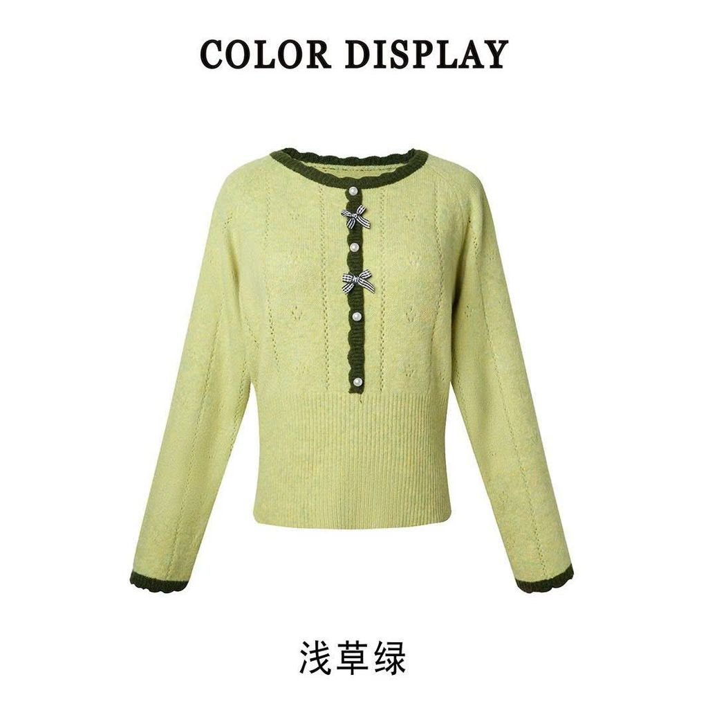 LEN4633 ÁO LEN NƠ TAY DÀI NÚT NGỌC (X.ĐẬU)