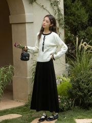 LEN4632 ÁO LEN NƠ TAY DÀI NÚT NGỌC (KEM)