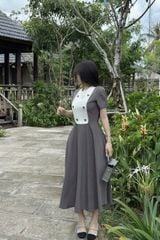 SKY9483 ĐẦM DÀI CỔ YẾM REN NÚT BỌC (XÁM)