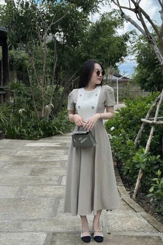 SKY9484 ĐẦM DÀI CỔ YẾM REN NÚT BỌC (DA)