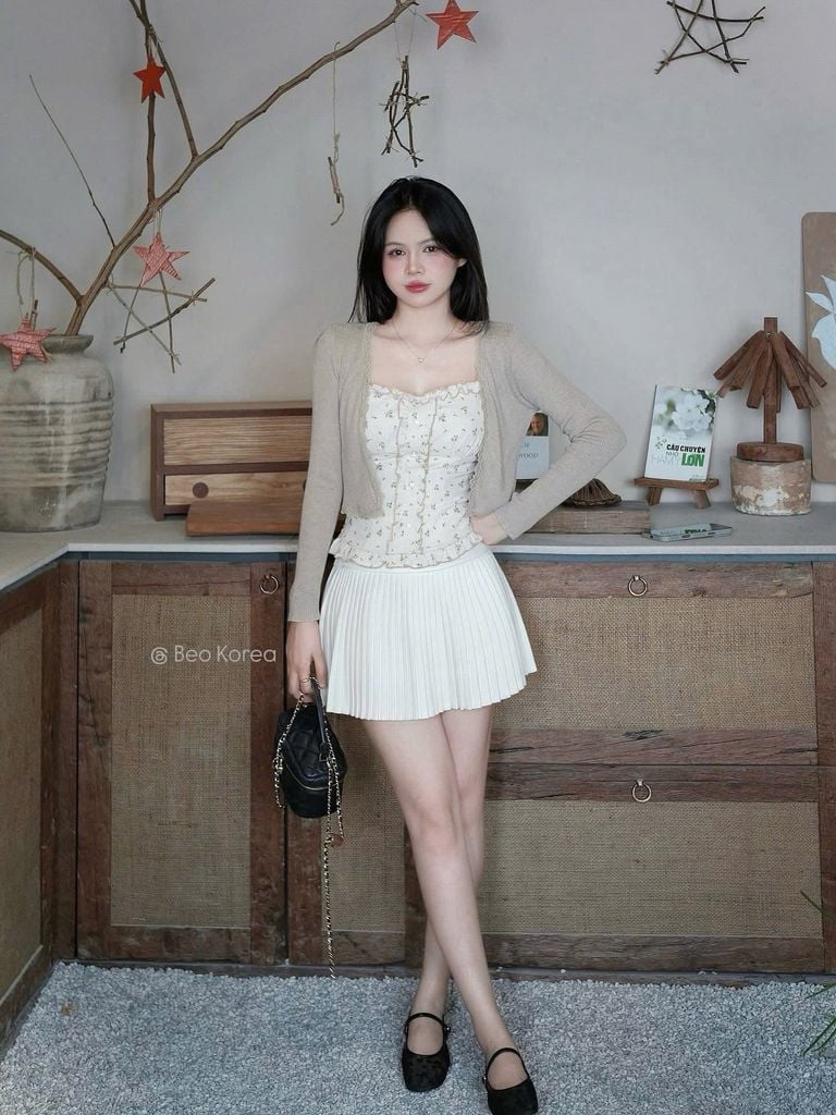 LEN4647 SET ÁO DÂY HOA NHÍ BÈO + KHOÁC LEN (DA)