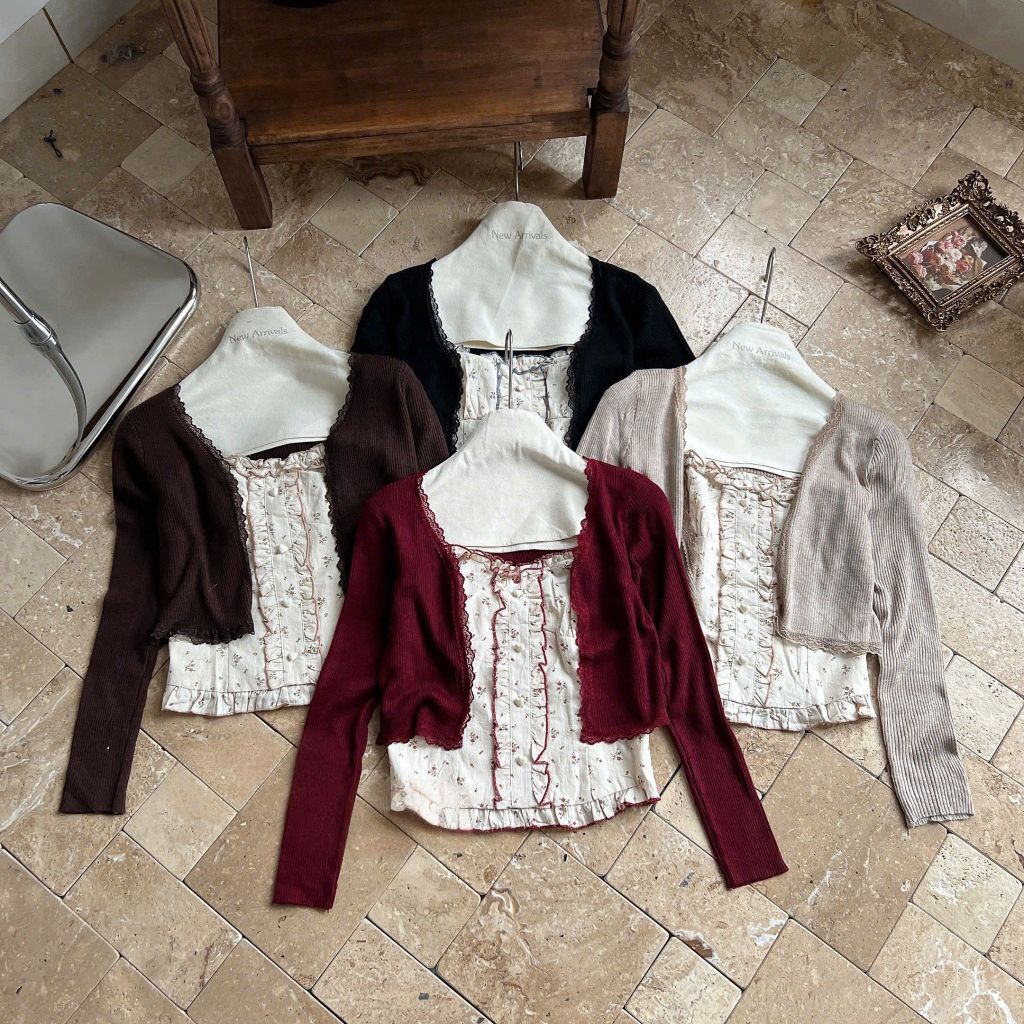 LEN4647 SET ÁO DÂY HOA NHÍ BÈO + KHOÁC LEN (DA)