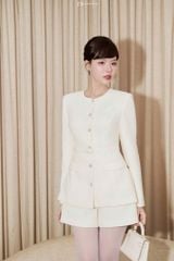 VGU1736 SET VEST TAY DÀI PHỐI ĐAI - QUẦN SHORT (KEM)