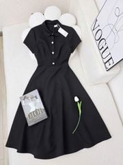 VGU1761 ĐẦM ĐEN CỔ SEN NÚT ĐÁ