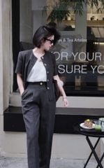 SKY9538 SET CÔNG SỞ ÁO NÚT KIỂU - QUẦN BAGGY (XÁM)