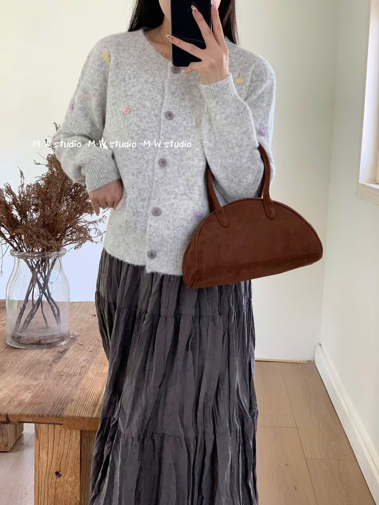 LEN4744 KHOÁC LEN NƠ MÀU ĐÍNH NỔI (XÁM) 337