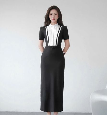 VGU1779 ĐẦM DÀI ĐEN TK CỔ SƠMI XẾP LI