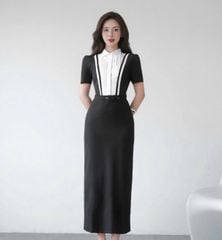 VGU1779 ĐẦM DÀI ĐEN TK CỔ SƠMI XẾP LI