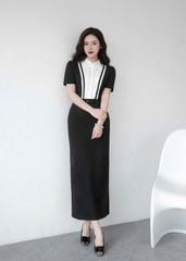 VGU1779 ĐẦM DÀI ĐEN TK CỔ SƠMI XẾP LI