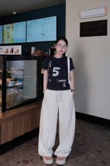 KS1459 - SET ÁO THUN X.ĐEN IN 5 - QUẦN DÀI MÀU KEM