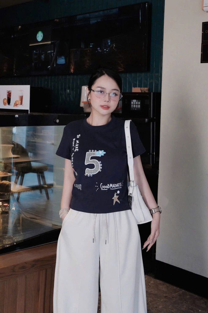 KS1459 - SET ÁO THUN X.ĐEN IN 5 - QUẦN DÀI MÀU KEM