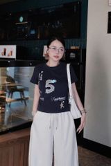 KS1459 - SET ÁO THUN X.ĐEN IN 5 - QUẦN DÀI MÀU KEM