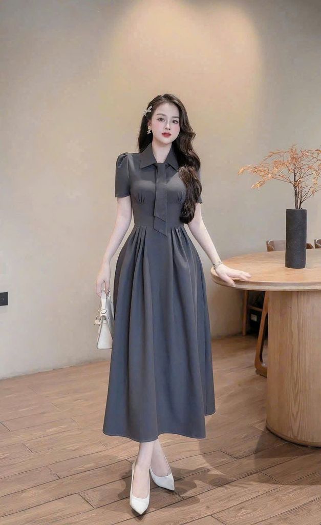 KS1510 - ĐẦM CỐ SƠ MI DÁNG DÀI ( KÈM DÂY NƠ RỜI )- MÀU XÁM