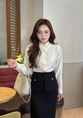 KS1496 - SET CÔNG SỞ ÁO SƠ MI XẾP LY- CHÂN VÁY ĐEN