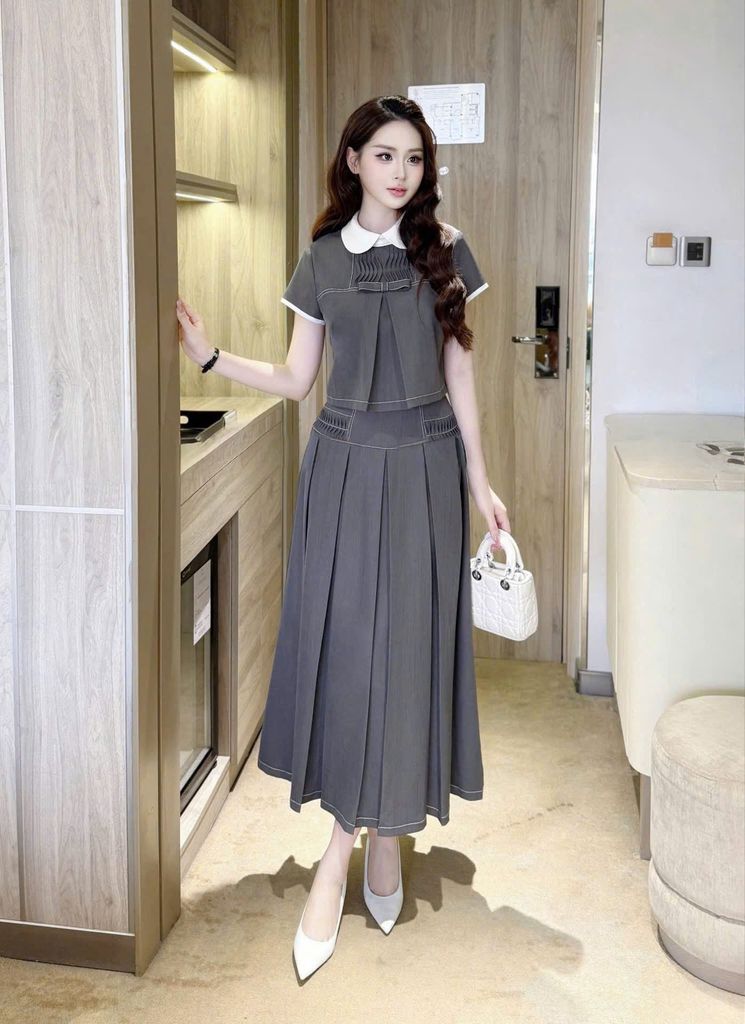 SKY5924 - SET ÁO CỔ SEN ĐÍNH NƠ - CHÂN VÁY XẾP LY