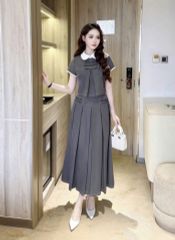 SKY5924 - SET ÁO CỔ SEN ĐÍNH NƠ - CHÂN VÁY XẾP LY