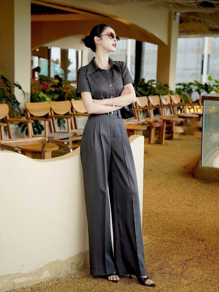 KS1511 - SET ÁO SƠ MI TAY NGẮN PHỐI NÚT KIỂU- QUẦN TAY DÀI ( KÈM NỊT)