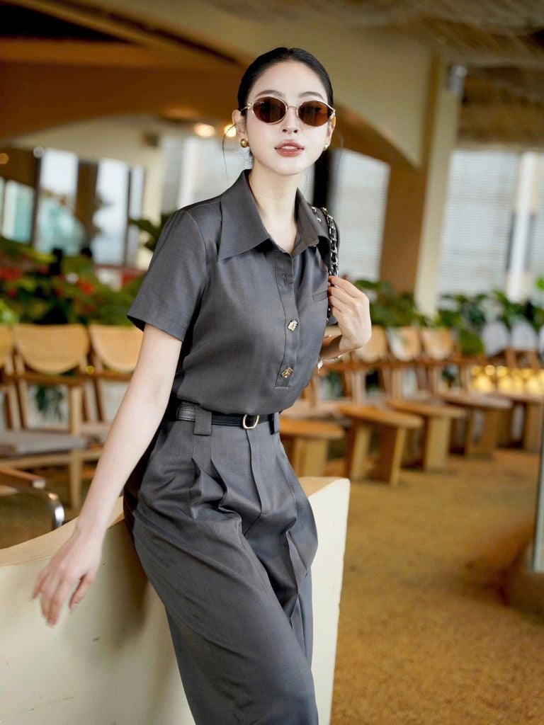 KS1511 - SET ÁO SƠ MI TAY NGẮN PHỐI NÚT KIỂU- QUẦN TAY DÀI ( KÈM NỊT)