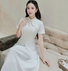 VGU1800 - SET THANH LỊCH ÁO CỔ TRỤ NƠ - CHÂN VÁY DÀI