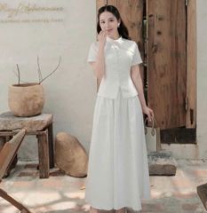 VGU1800 - SET THANH LỊCH ÁO CỔ TRỤ NƠ - CHÂN VÁY DÀI