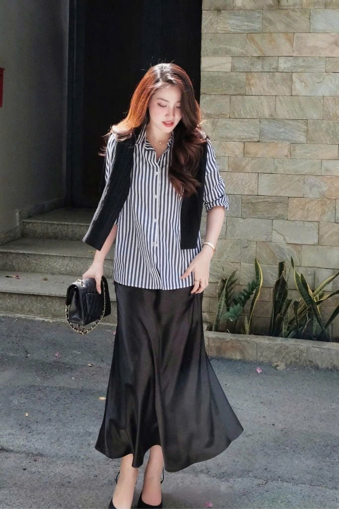 VGU1799 - SET ÁO SƠ MI SỌC DỌC - CHÂN VÁY LỤA ( KÈM KHĂN KHOÀNG)