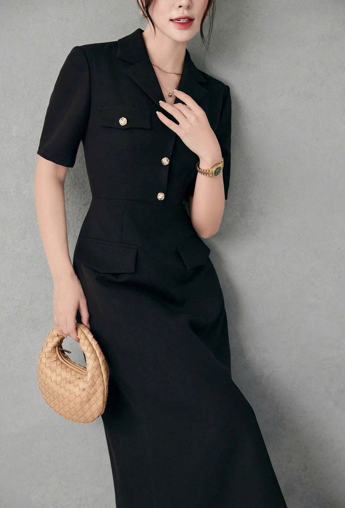 KS1523 - ĐẦM THANH LỊCH DÁNG DÀI PHỐI NẮP TÚI