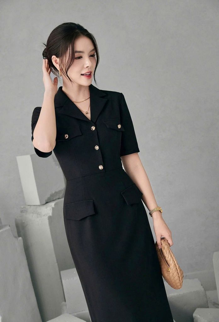 KS1523 - ĐẦM THANH LỊCH DÁNG DÀI PHỐI NẮP TÚI