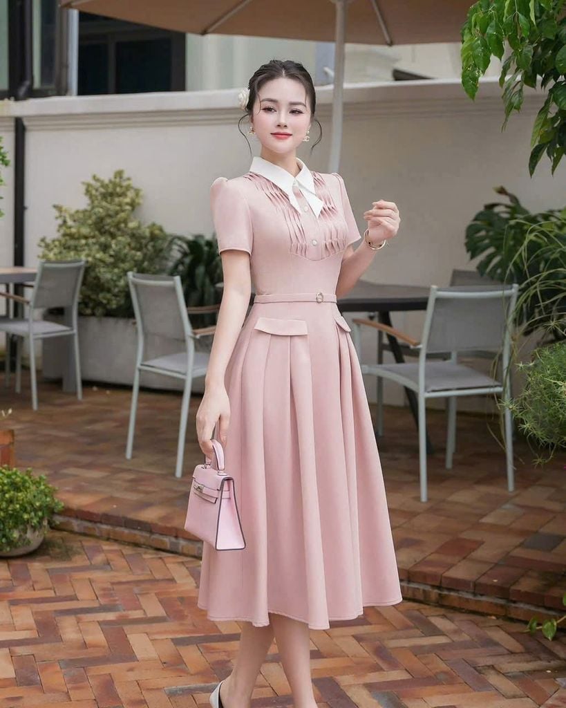 SKY9558 - ĐẦM HỒNG CỔ SƠ MI