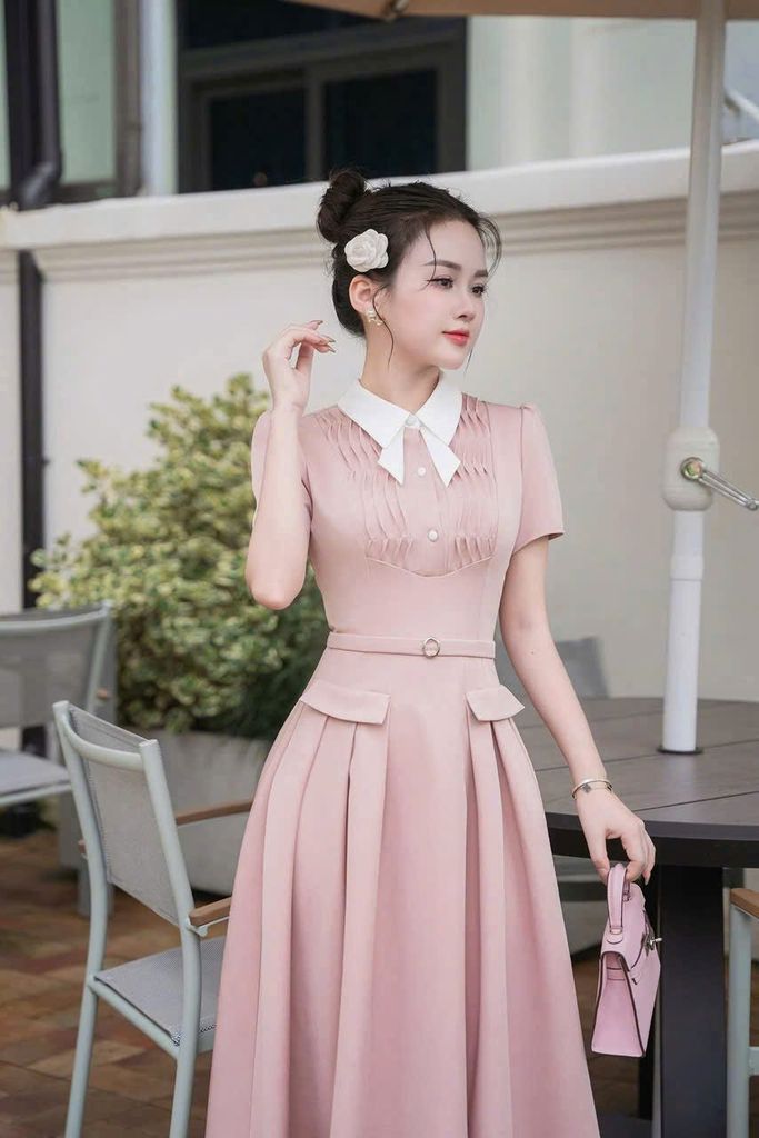 SKY9558 - ĐẦM HỒNG CỔ SƠ MI