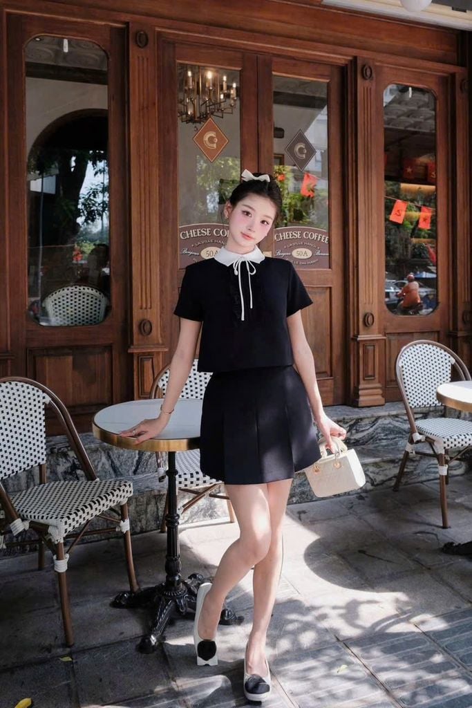 TB9579 - SET ÁO PHỐI NƠ CỔ - CHÂN VÁY NGẮN