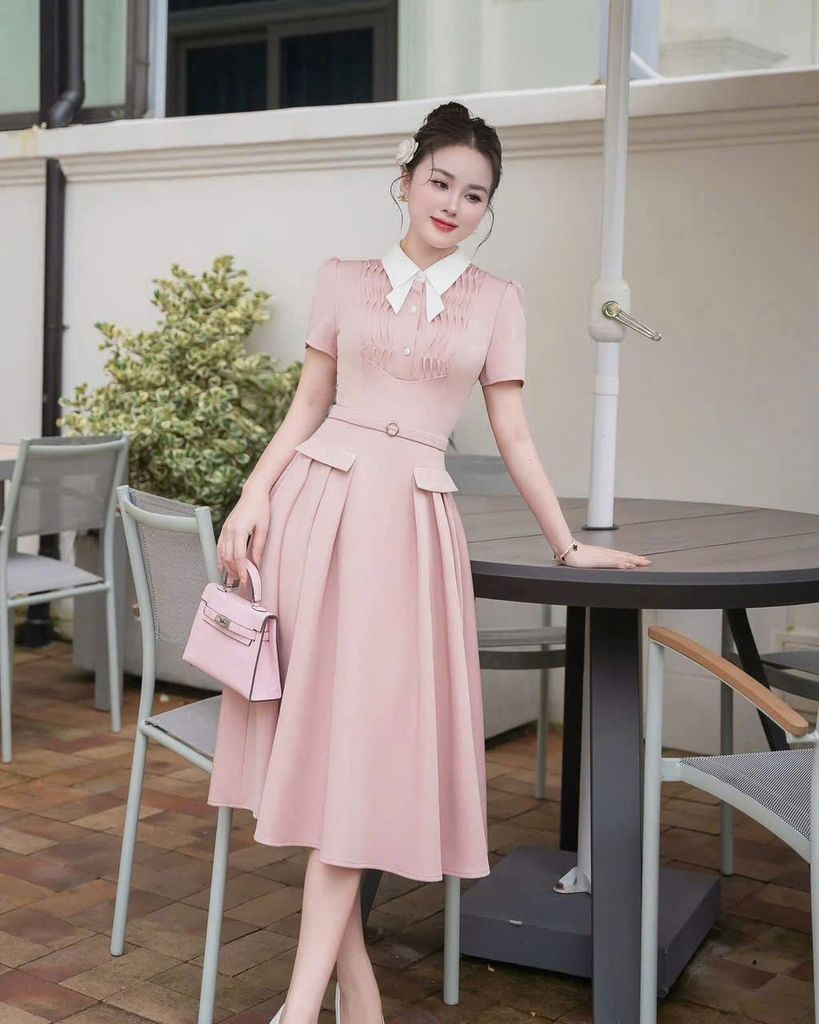 SKY9558 - ĐẦM HỒNG CỔ SƠ MI