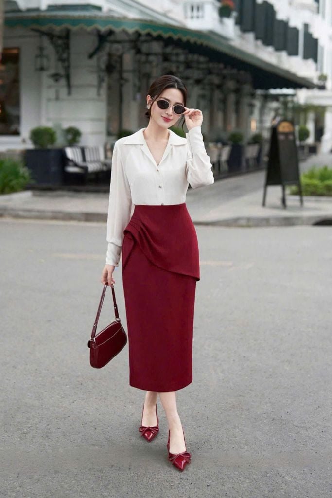 VGU1790 - SET ÁO SƠ MI TAY DÀI - CHÂN VÁY KIỂU MÀU ĐỎ